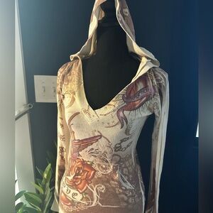Cream and beige stylish hooded sweater with tattoo pattern
